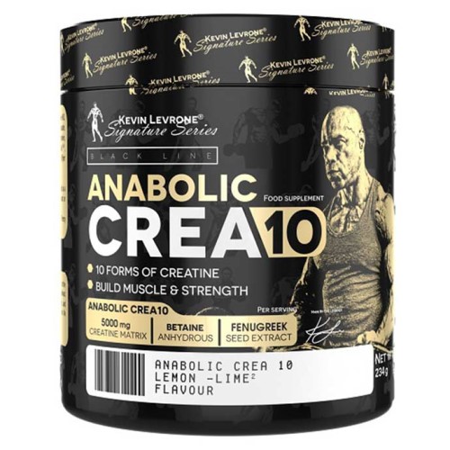 Kevin Levrone Anabolic Crea10 234g lemon-lime creatine supplement with 10 forms of creatine, betaine anhydrous, and fenugreek seed extract, black and gold packaging.
