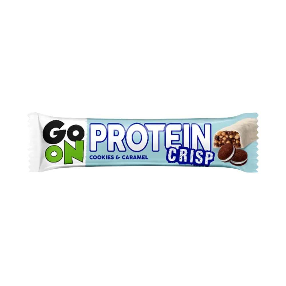 Go On Crisp Protein Bar, 50g cookies and caramel flavour protein snack in a light blue wrapper