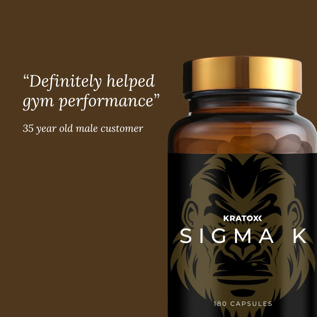 Close-up of Kratox Sigma K 180 Caps bottle showing product label and dosage information.