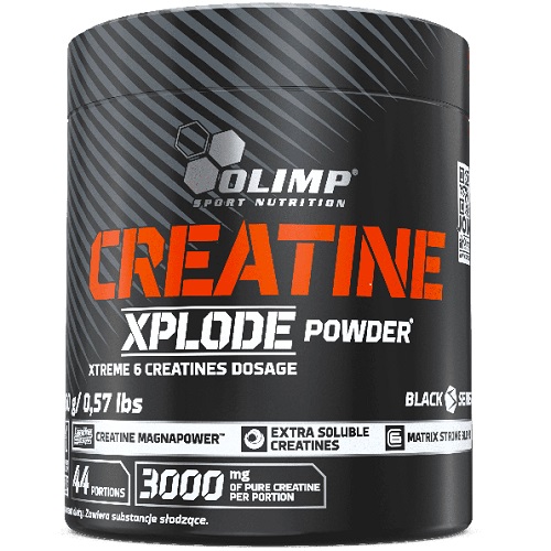 Olimp Creatine Xplode Powder 260g creatine supplement with 6 types of creatine, black container, sports nutrition product for muscle performance.