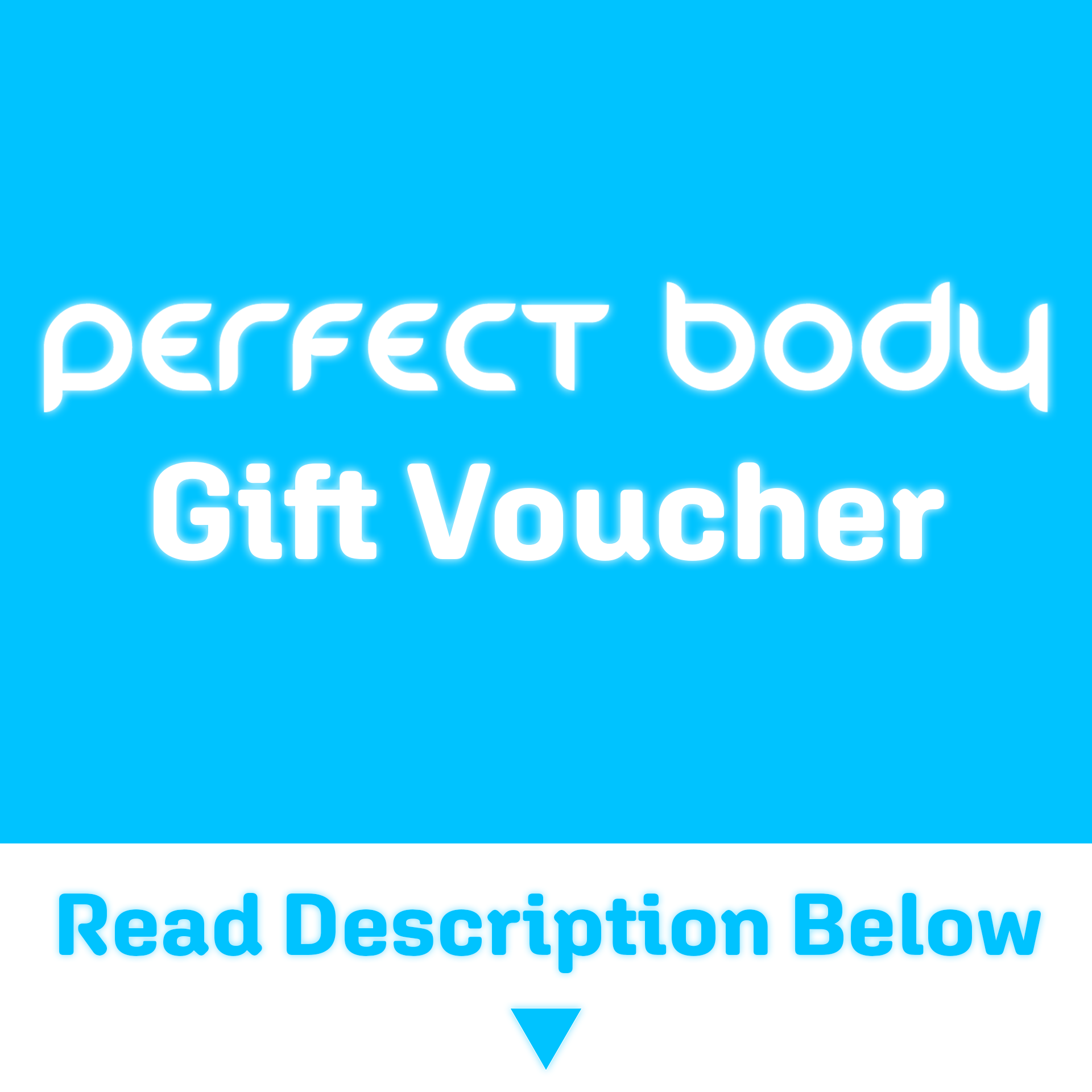 Perfect Body Gift Voucher, a digital or physical voucher for PerfectBody.ie, shown with bold white text on a bright blue background.