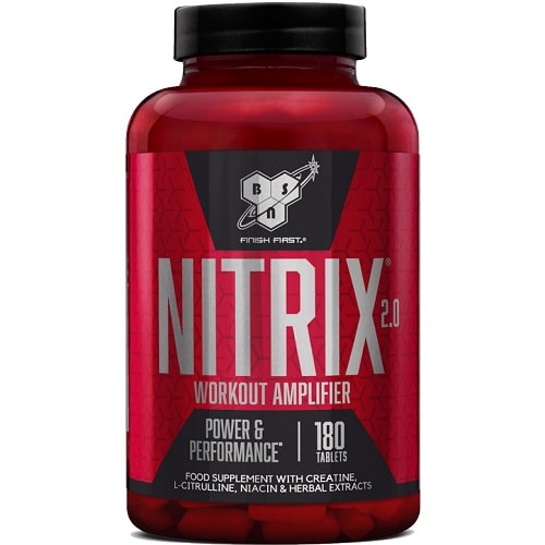 BSN Nitrix 2.0 workout amplifier supplement, 180 tablets, a food supplement with creatine, L-citrulline, niacin, and herbal extracts in a red bottle.
