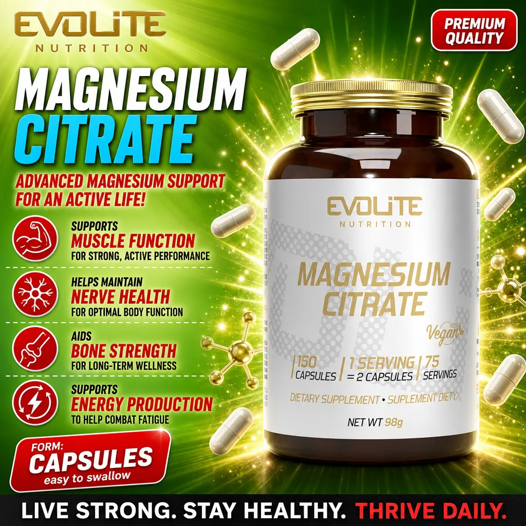 Evolite Magnesium Citrate vegan dietary supplement in capsule form, 150 capsules per bottle, supports muscle function, nerve health, bone strength, and energy production. Dominant green and gold color scheme.