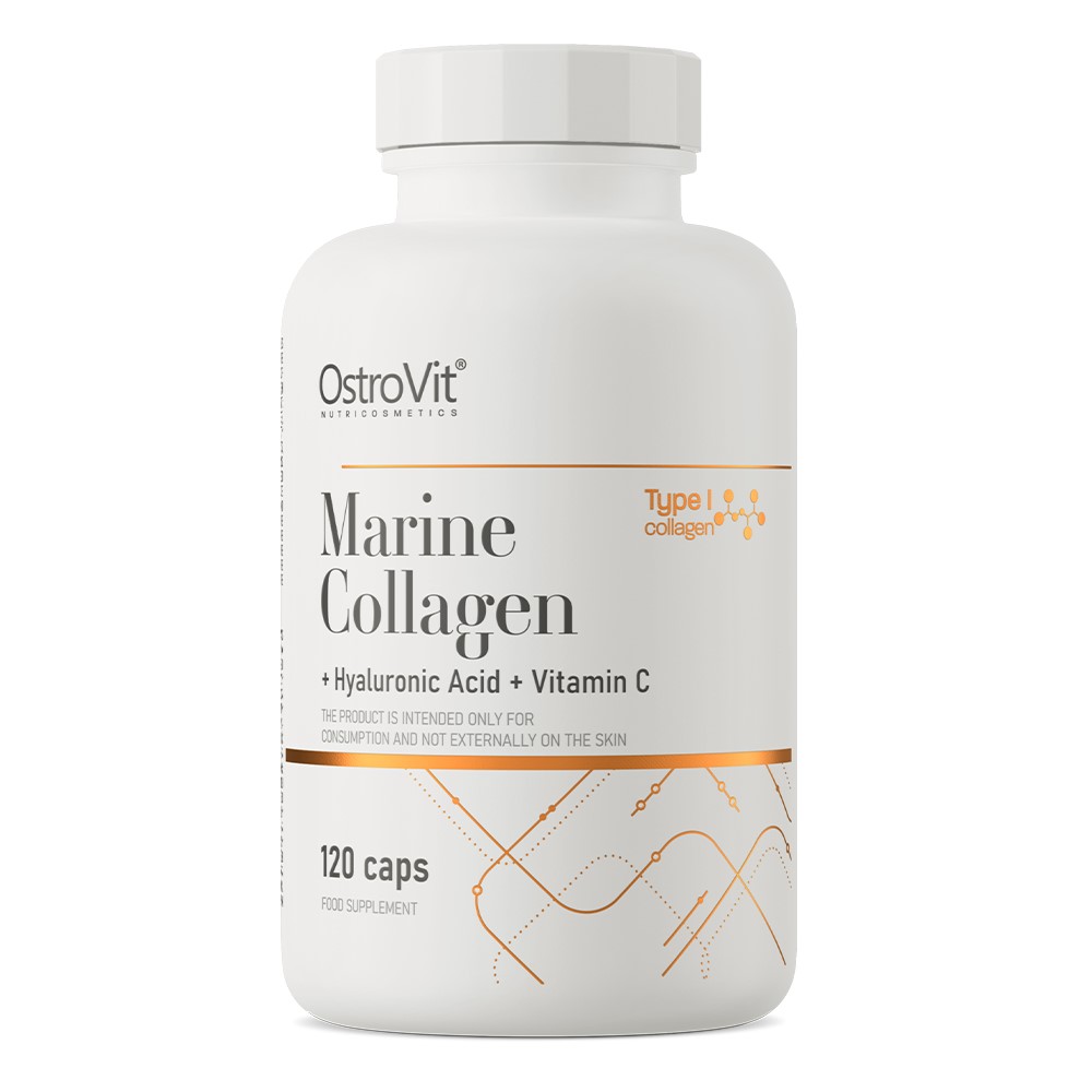 OstroVit Marine Collagen with hyaluronic acid and vitamin C, 120 capsules, white bottle, food supplement for skin and joint health.