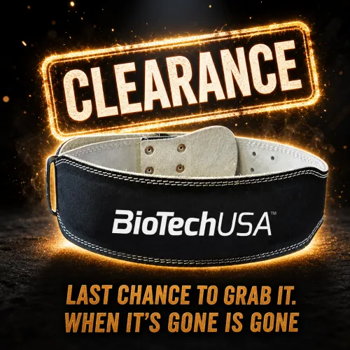 BioTechUSA Leather Lifting Belt, black, sturdy gym accessory for weightlifting and powerlifting, shown with white stitching and prominent logo.