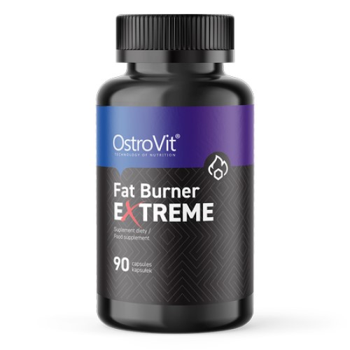OstroVit Fat Burner Extreme 90 capsules dietary supplement for weight management, in a black bottle with purple label.