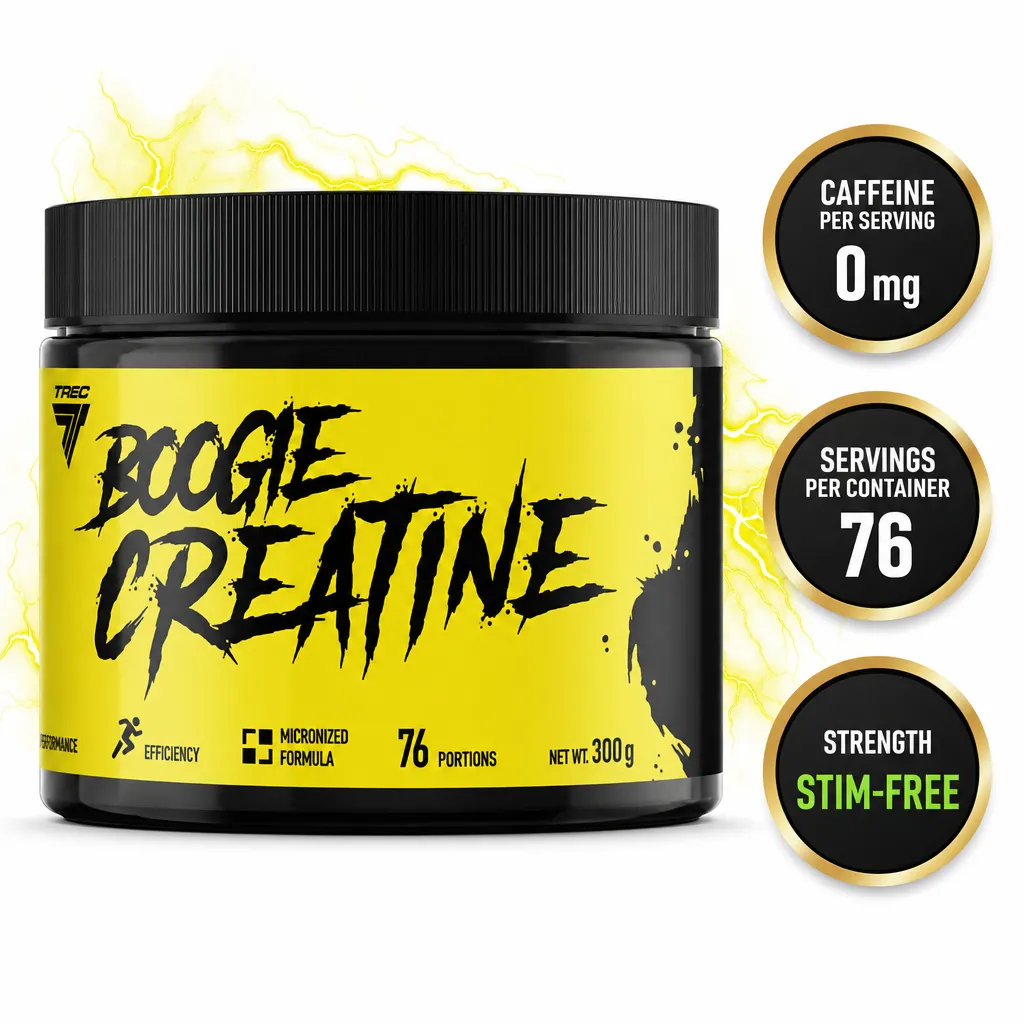 Trec Nutrition Boogie Creatine 300g micronized creatine supplement in a black tub with a yellow label, stim-free