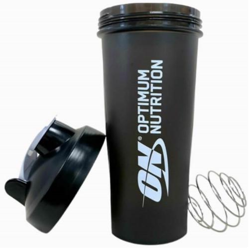 Optimum Nutrition Shaker 600ml black protein shaker bottle with mixing ball and lid, designed for blending supplements and protein powders.