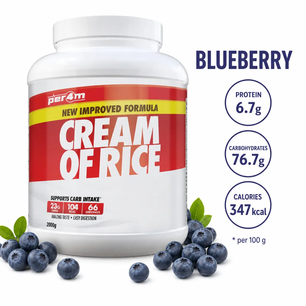 Per4m Cream of Rice 2000g Blueberry flavour, a finely milled rice flour supplement for athletes, gluten-free, vegan, low sugar, and high in carbohydrates.
