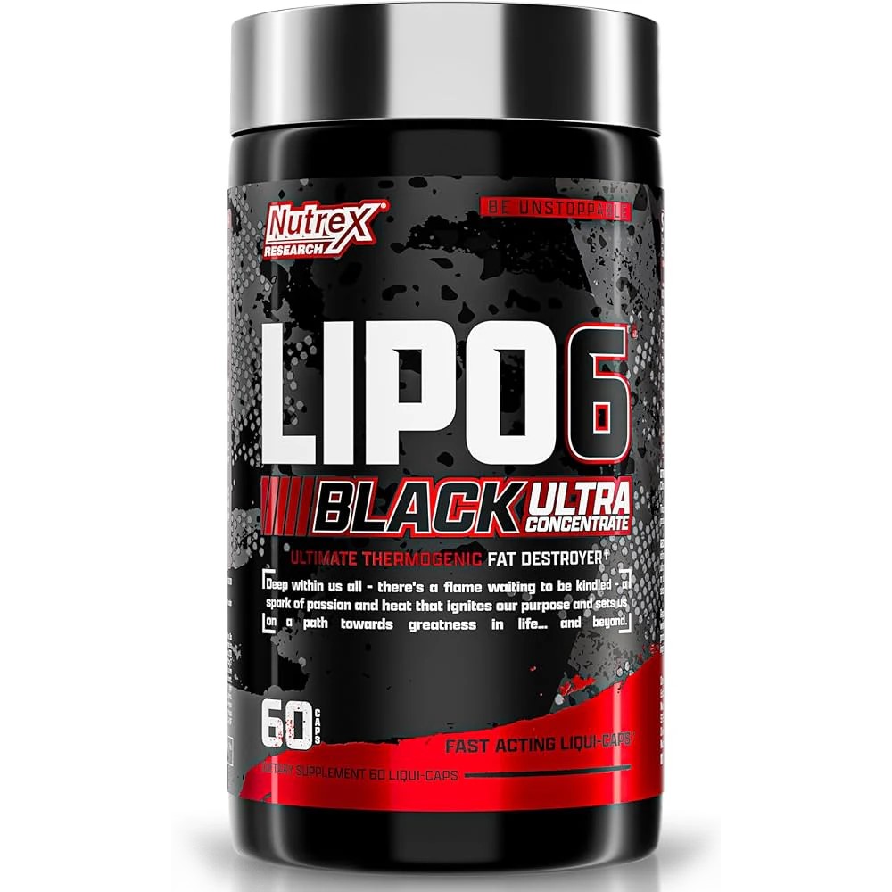 Nutrex Lipo 6 Black Ultra Concentrate 60 caps thermogenic fat burner supplement in a black and red bottle, labeled as fast acting liqui-caps.