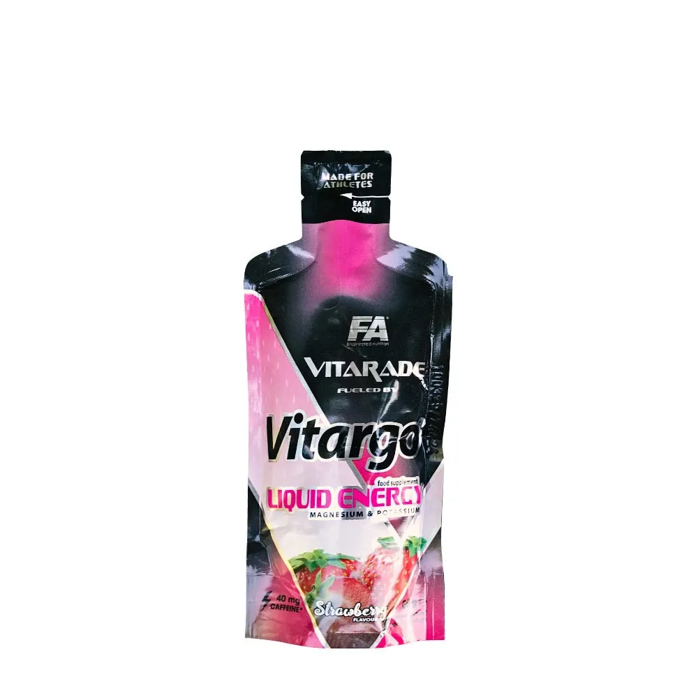 FA Nutrition Vitarade Vitargo Liquid Energy Strawberry is a 60g liquid energy gel for athletes, featuring Vitargo carbs, electrolytes, caffeine, and strawberry flavor.