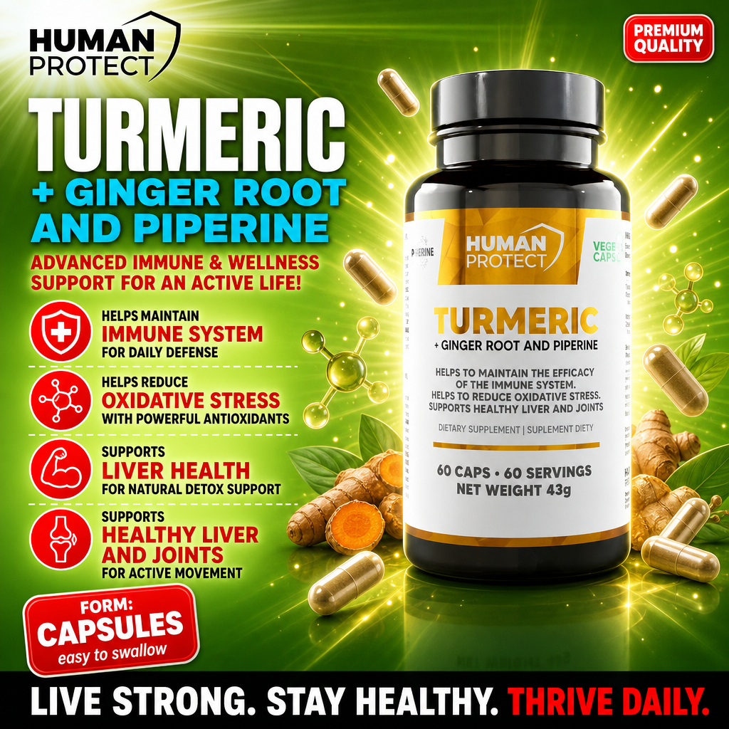 Human Protect Turmeric + Ginger Root and Piperine capsules, a dietary supplement for immune support, oxidative stress reduction, and healthy liver and joints, 60 capsules bottle, green and yellow design.