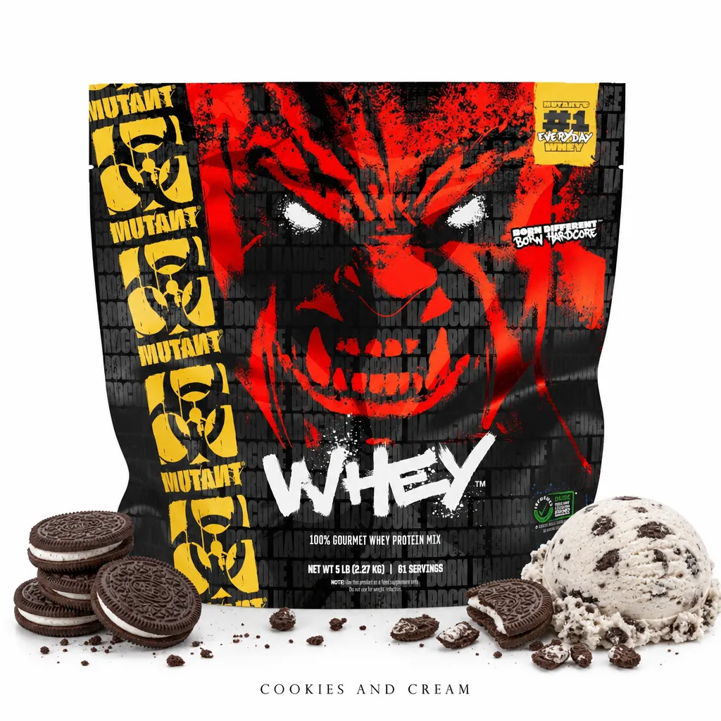 Mutant Whey 2270g Cookies and Cream protein powder, featuring a bold red and black package design with cookies and cream flavor elements visible.
