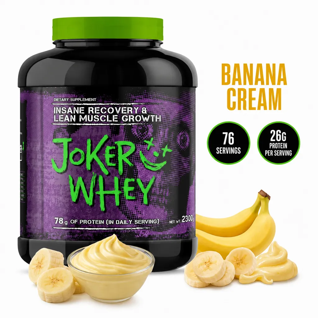 Joker Nutrition Joker Whey 2300g Banana Cream is a high-protein whey supplement with 26g protein per serving, low fat and sugar, in a large black tub.