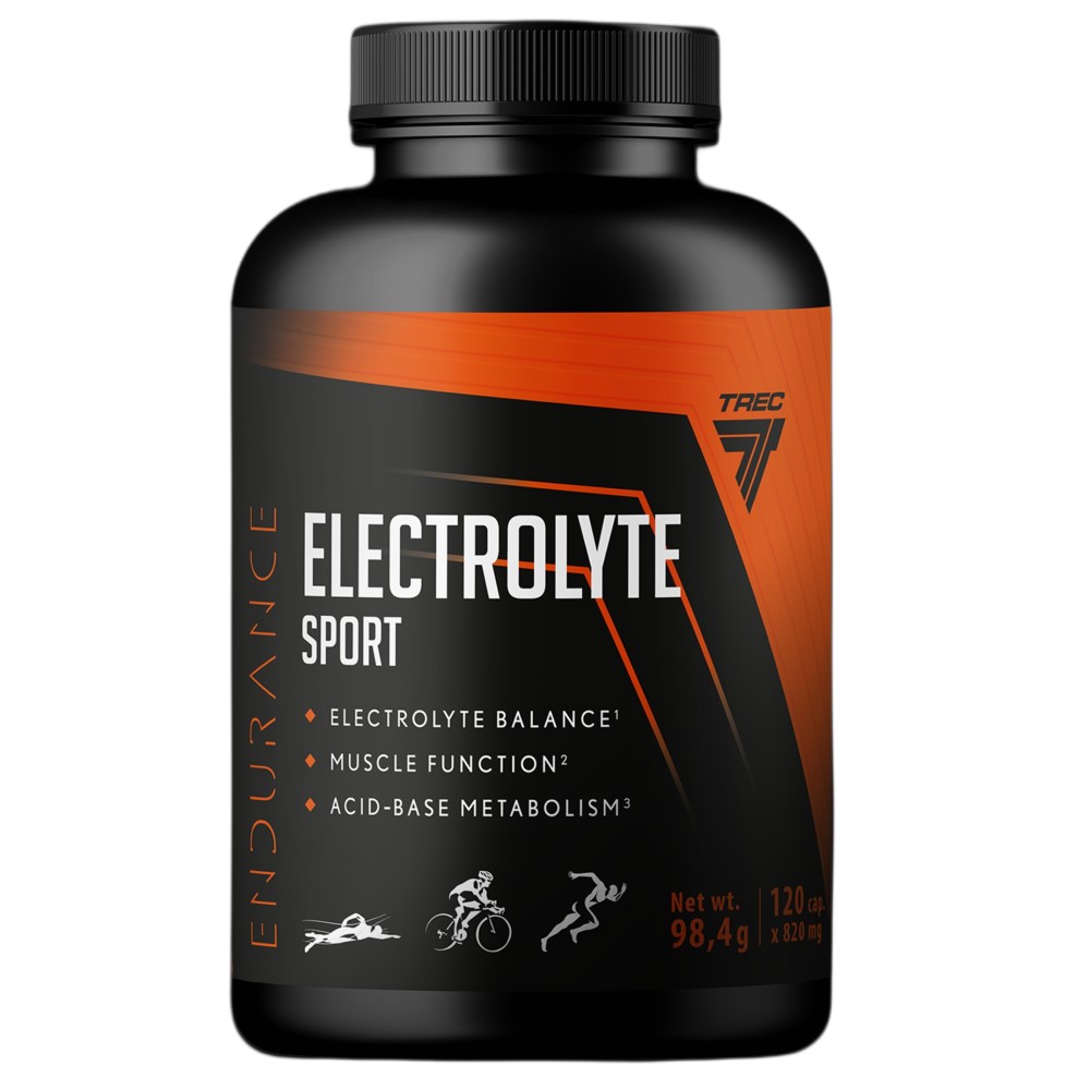 Trec Electrolyte Sport endurance supplement, 120 capsules, supports electrolyte balance, muscle function, and acid-base metabolism. Black and orange bottle.