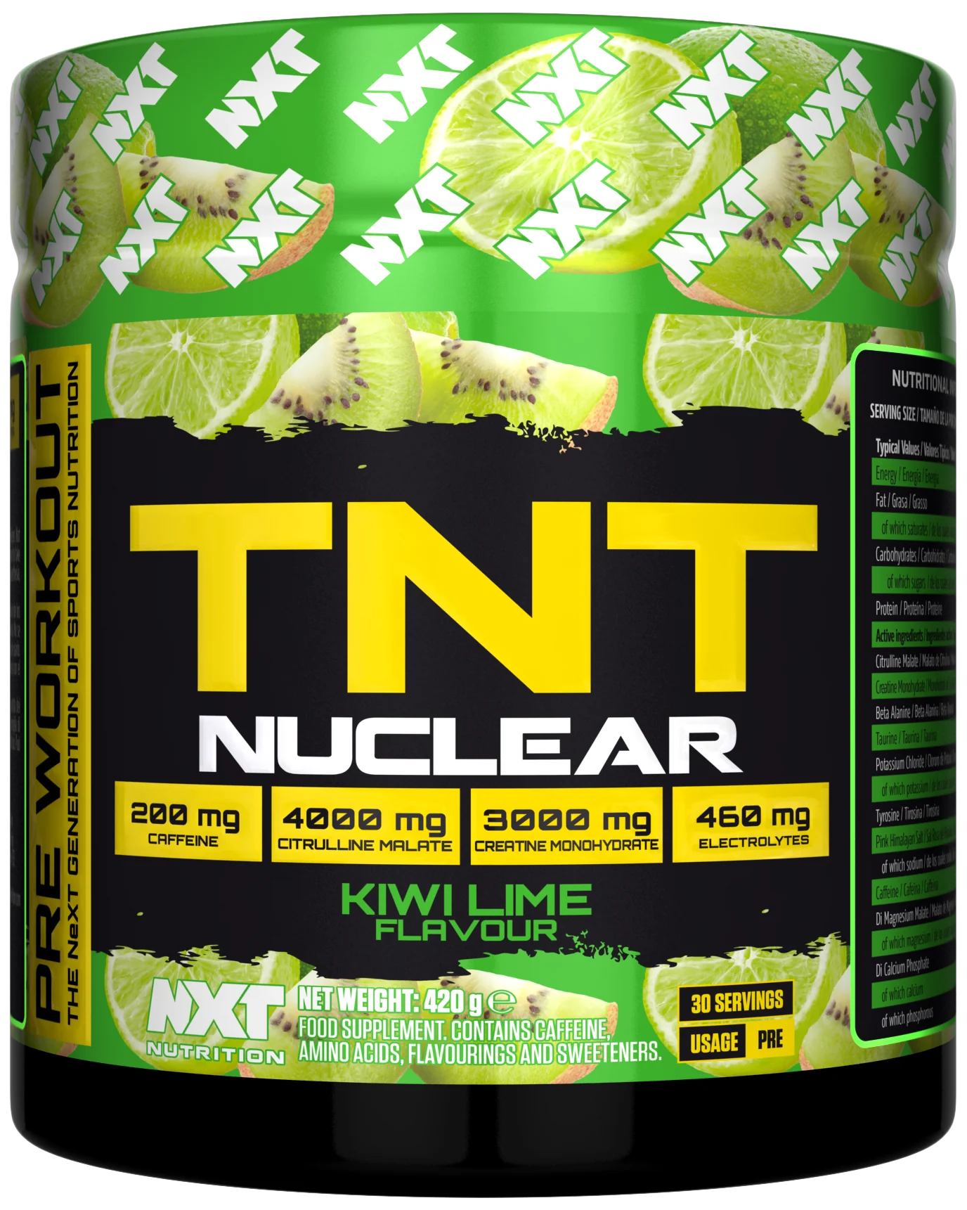 NXT Nutrition TNT Nuclear 420g tub next to a glass of mixed pre-workout drink, illustrating serving suggestion.