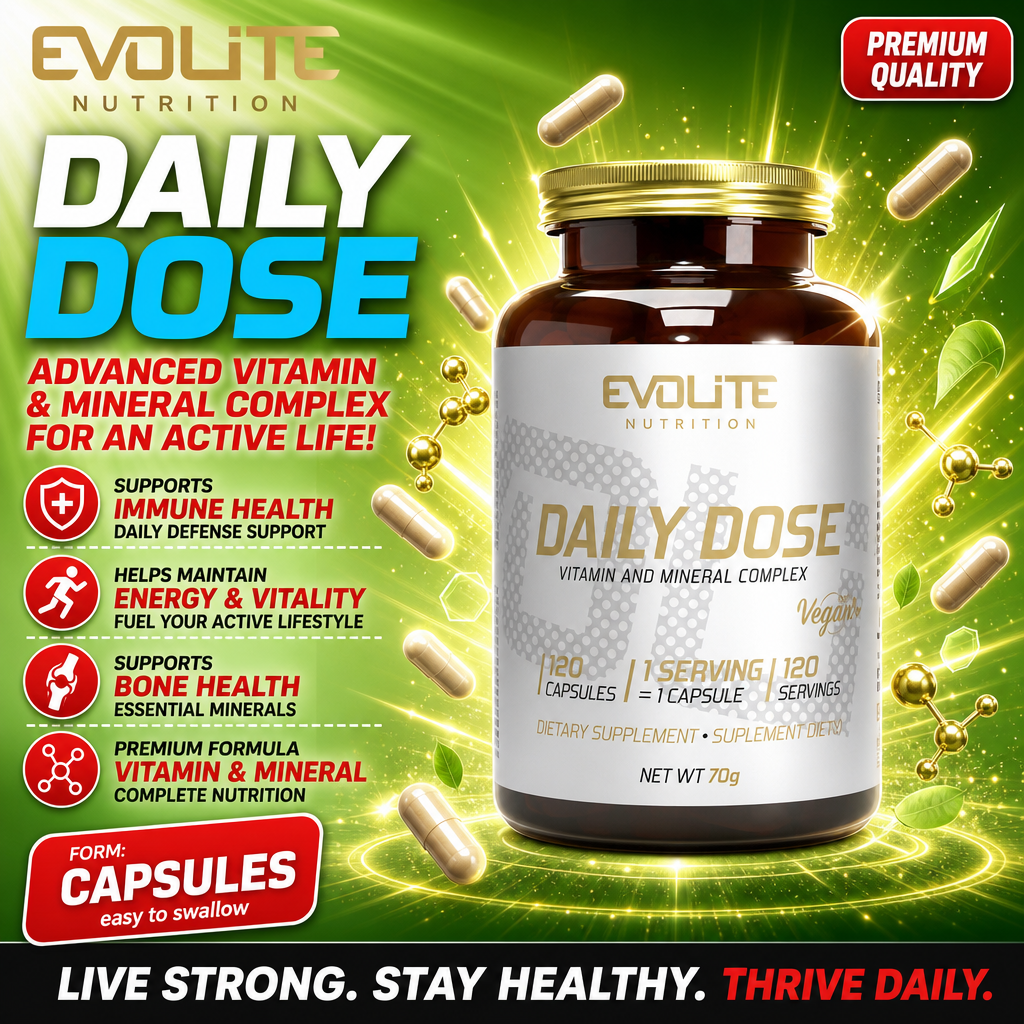 Evolite Daily Dose vitamin and mineral complex in a 120-capsule bottle, vegan dietary supplement for immune health, energy, and bone support, with a green and gold themed design.