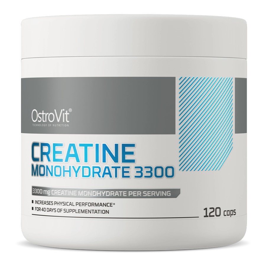 OstroVit Creatine Monohydrate 3300 120 caps, a dietary supplement containing 3300 mg creatine monohydrate per serving, in a white container with blue and grey accents.
