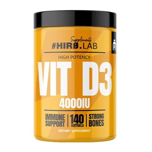Hiro Lab Vitamin D3 4000IU high potency vitamin D3 supplement with 140 softgels, designed for immune support and strong bones, in a yellow container.