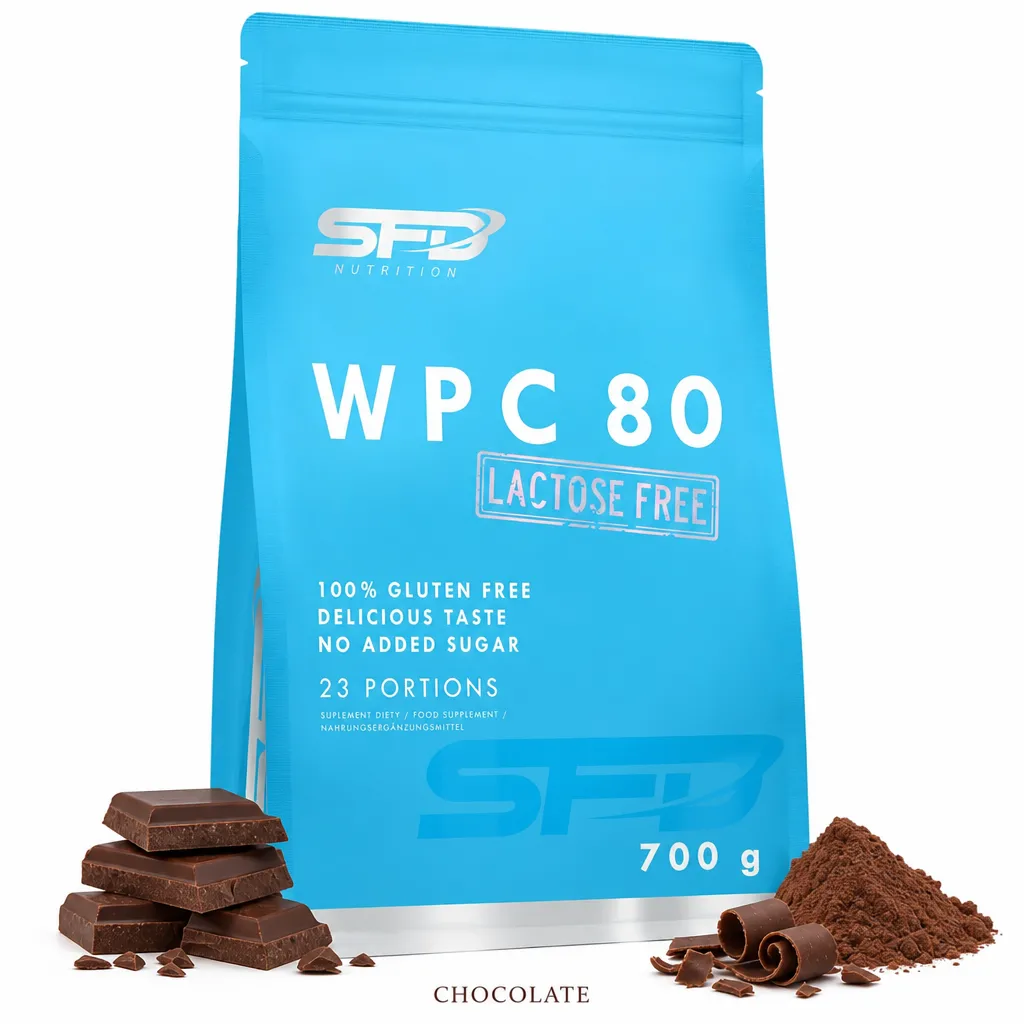 SFD WPC 80 Lactose Free 700g chocolate flavour whey protein concentrate, lactose-free and gluten-free, in a blue pouch with chocolate pieces and powder visible.