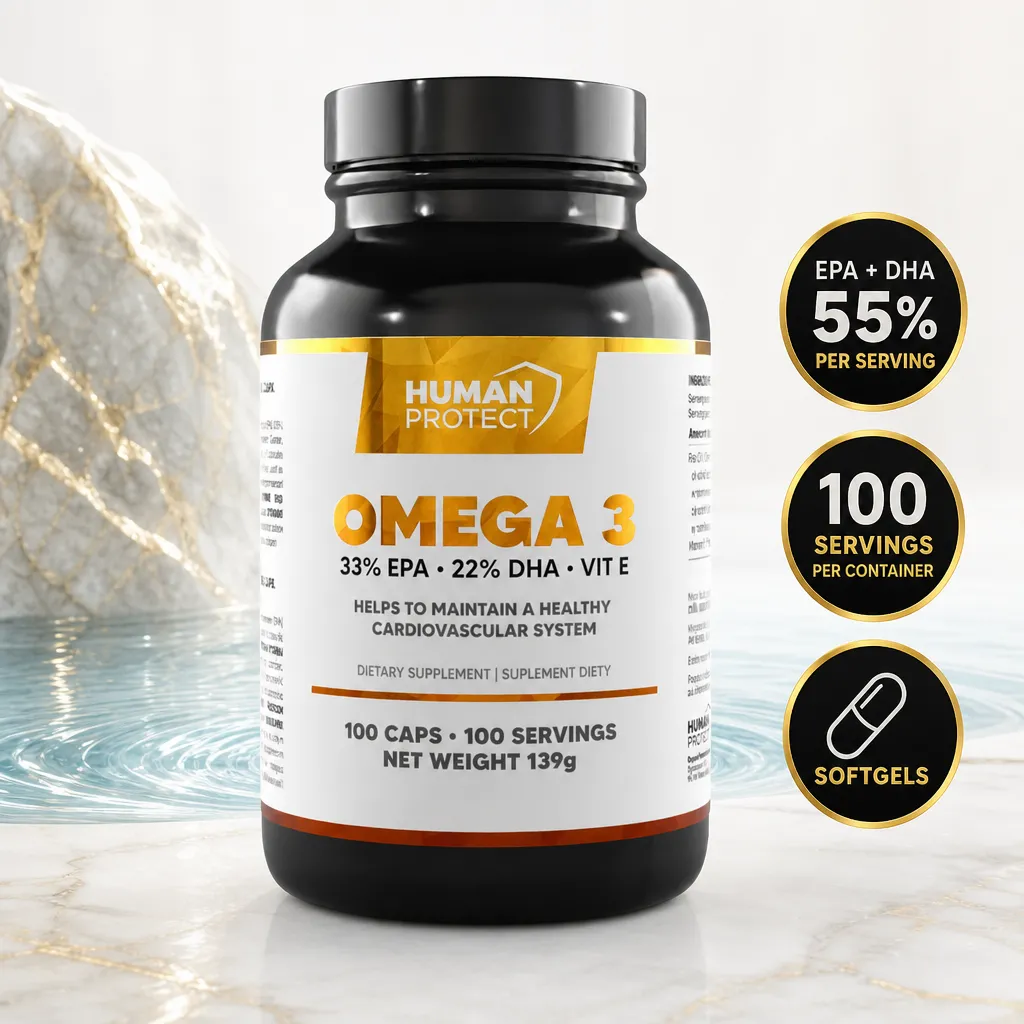 Human Protect Omega 3 33/22 fish oil supplement with 100 softgels, 33% EPA, 22% DHA and vitamin E