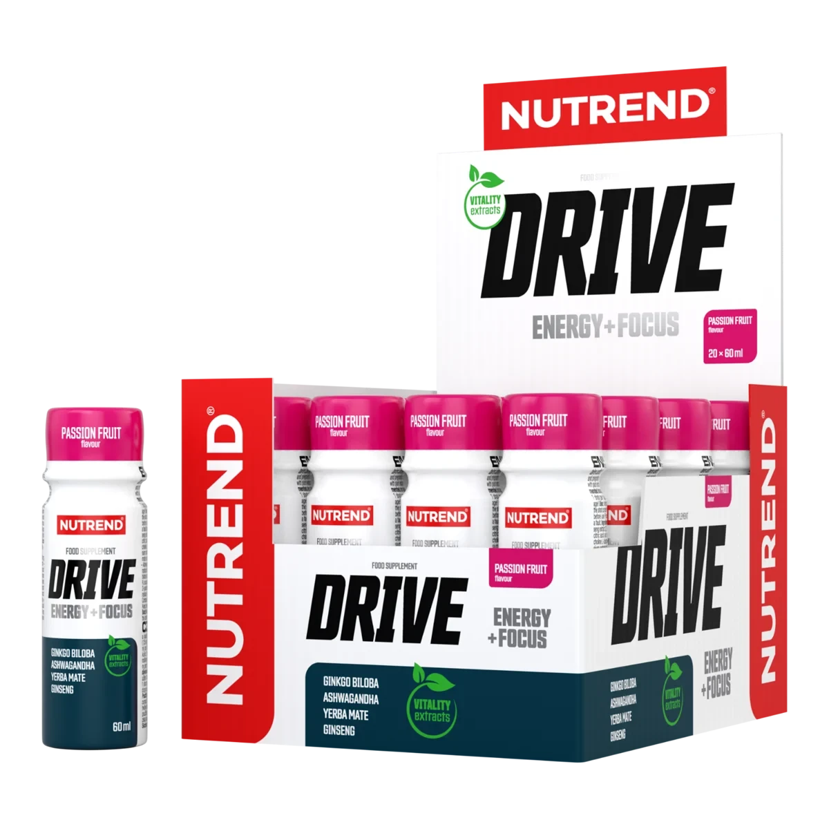 Nutrend Drive Shot 60ml x20 energy and focus supplement, passion fruit flavour, featuring caffeine, taurine, L-carnitine, and plant extracts in a convenient pack of 20 shots.