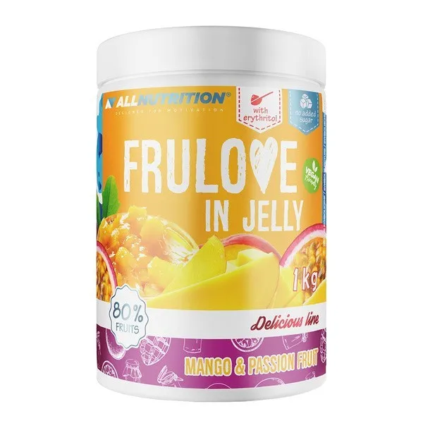 Allnutrition Frulove In Jelly mango and passion fruit jelly, 1000 g tub with a bright tropical fruit label and no added sugar.