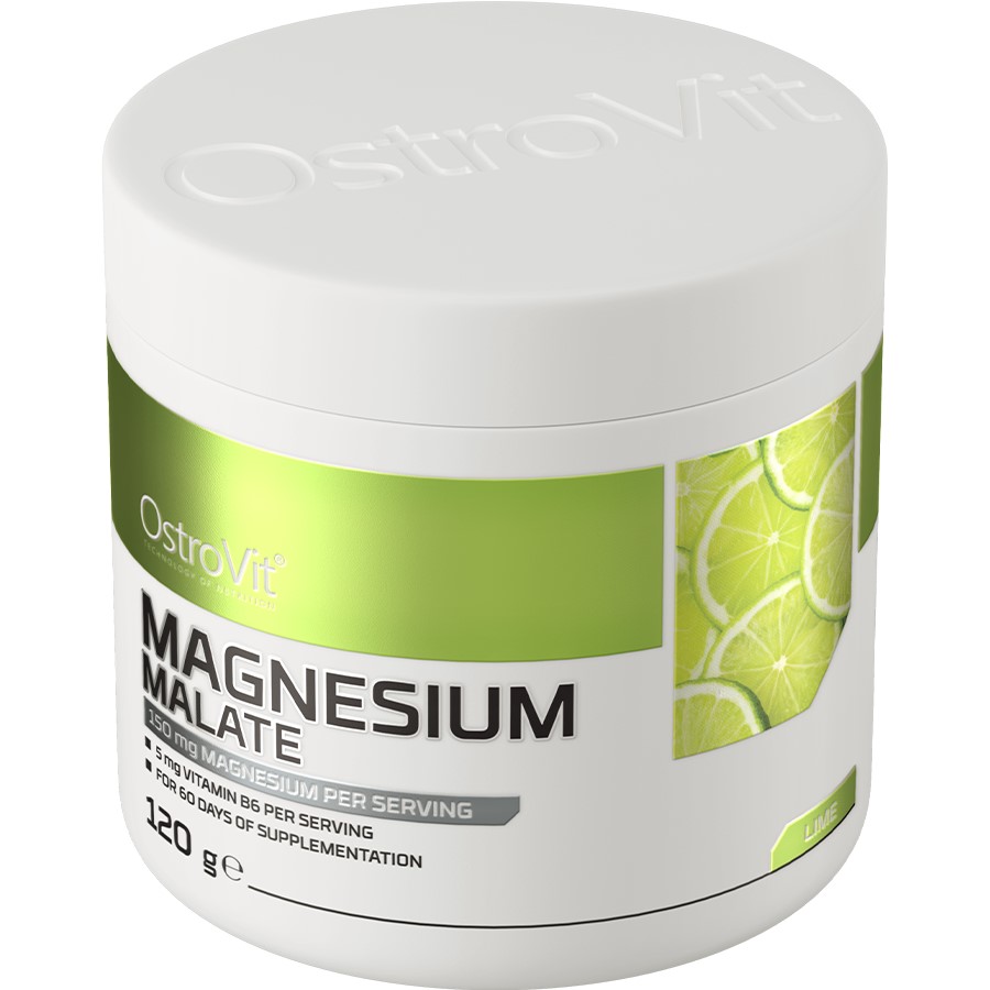 OstroVit Magnesium Malate 120g lime-flavour dietary supplement with 150 mg magnesium and vitamin B6 per serving, in a white and green container.