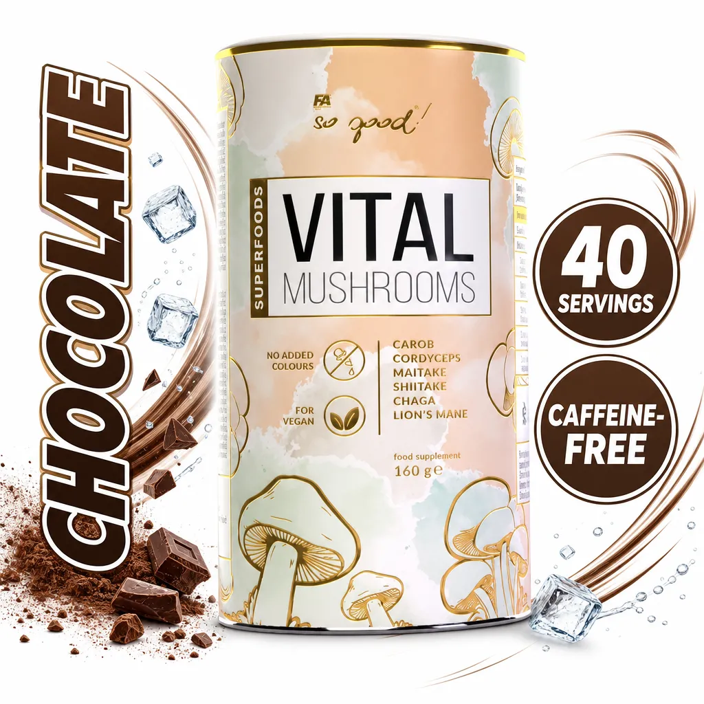 FA So Good! Vital Mushrooms 160g powdered food supplement with carob and five mushroom extracts, including Cordyceps and Lion’s Mane