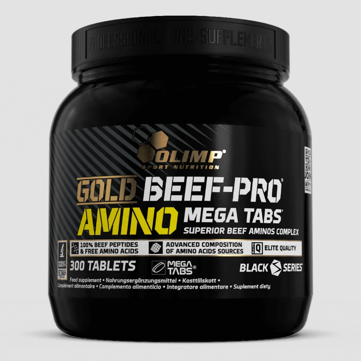 Olimp Nutrition Gold Beef-Pro Amino Mega Tabs, a high-potency hydrolyzed beef protein amino acid supplement for muscle recovery, in a 300-tablet black container.