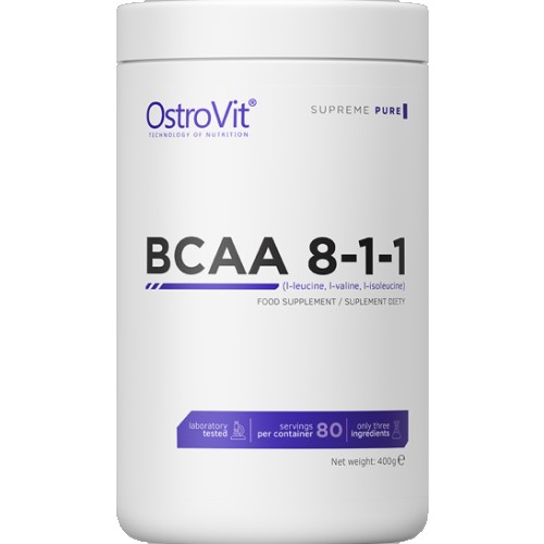 OstroVit BCAA 8-1-1 400g unflavoured amino acid supplement with 80 servings, featuring a high leucine ratio, in a white container.