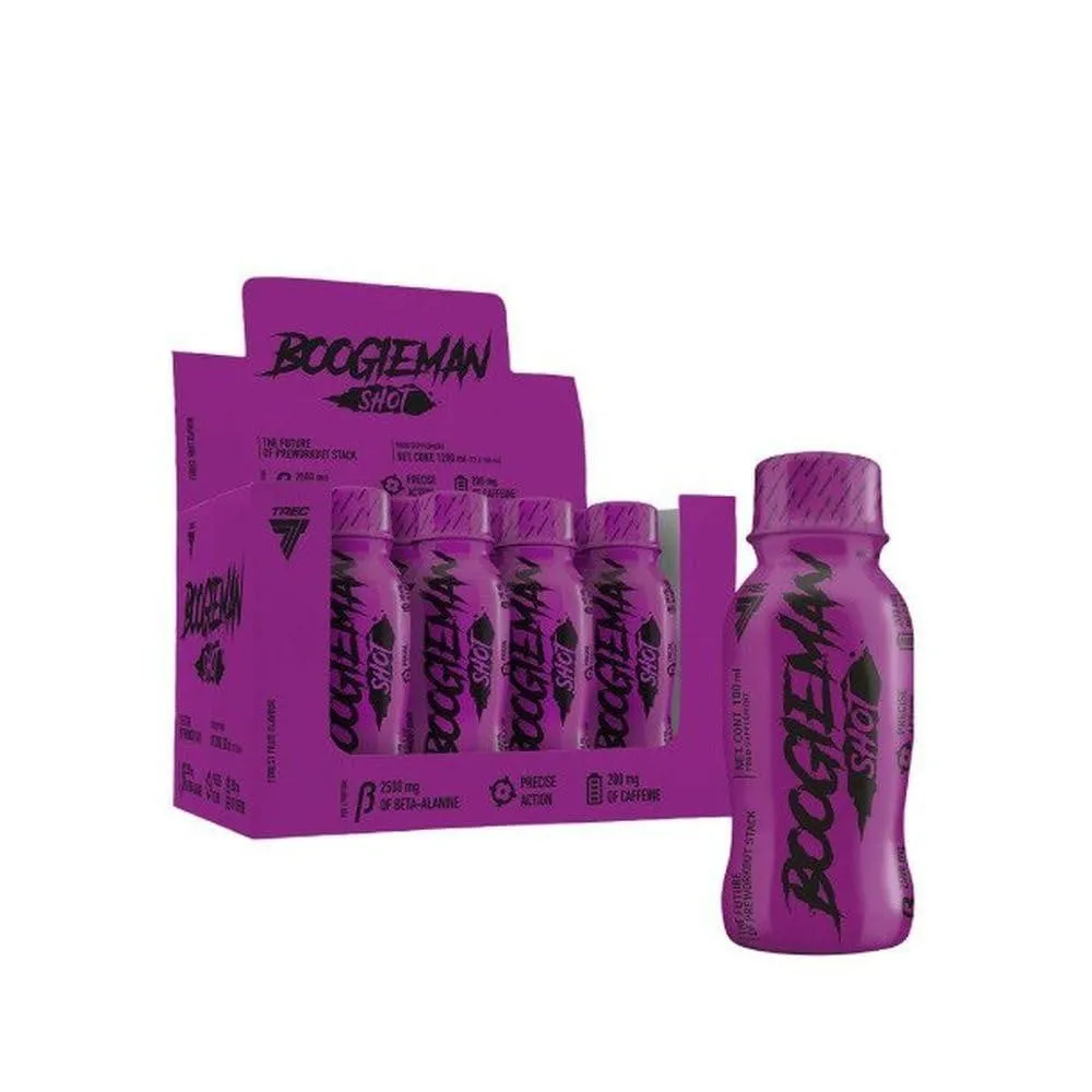 Trec Nutrition Boogieman Fuel Shot Forest Fruits, a box of 12 x 100ml pre-workout energy shots in bright purple bottles, designed for enhanced energy and focus.
