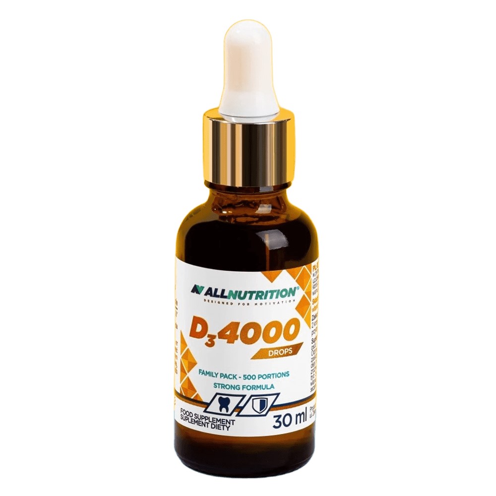 Allnutrition D3 4000 Drops 30ml vitamin D3 supplement in a brown glass bottle with dropper, strong formula, 500 portions per pack.
