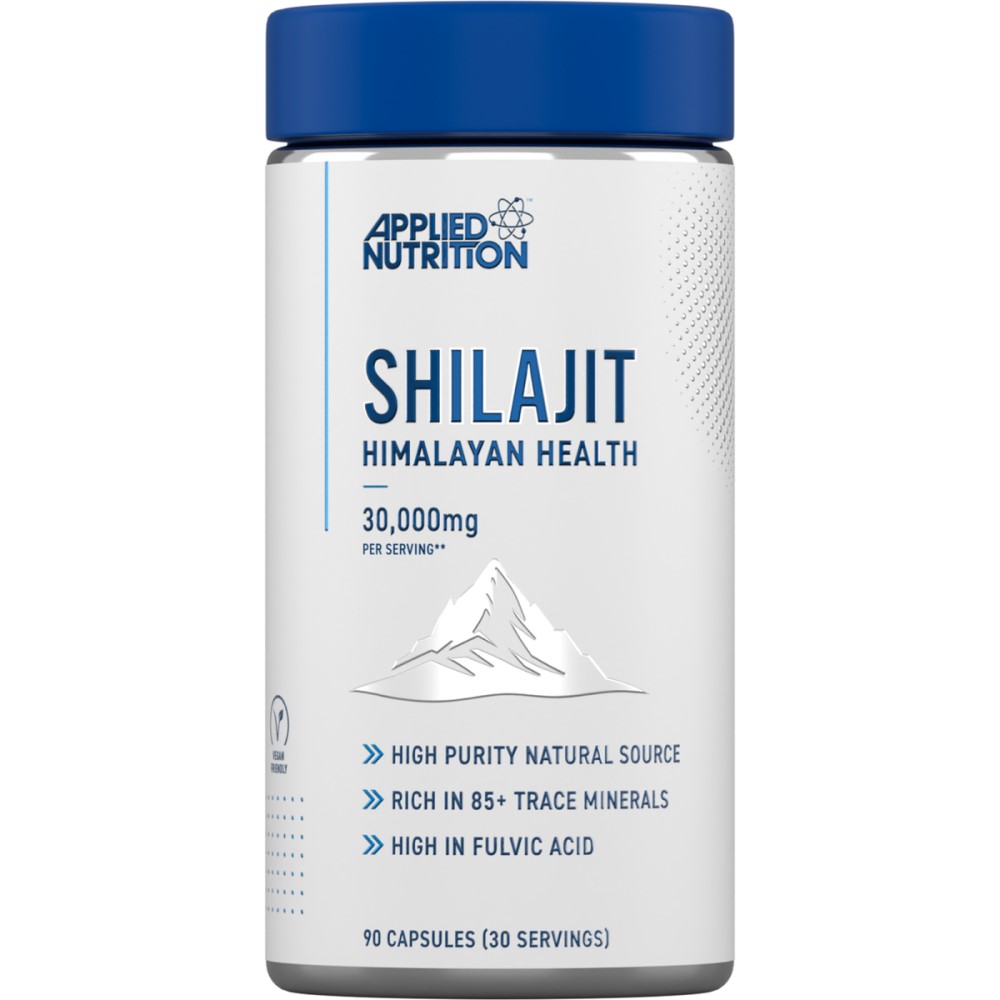 Applied Nutrition Shilajit Himalayan Health supplement, 90 capsules, high purity natural source, rich in trace minerals and fulvic acid, white and blue bottle.