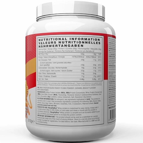 Naughty Boy Whey Protein 2010g caramel biscuit flavour, a high-protein supplement powder in a large white tub with nutritional information label.