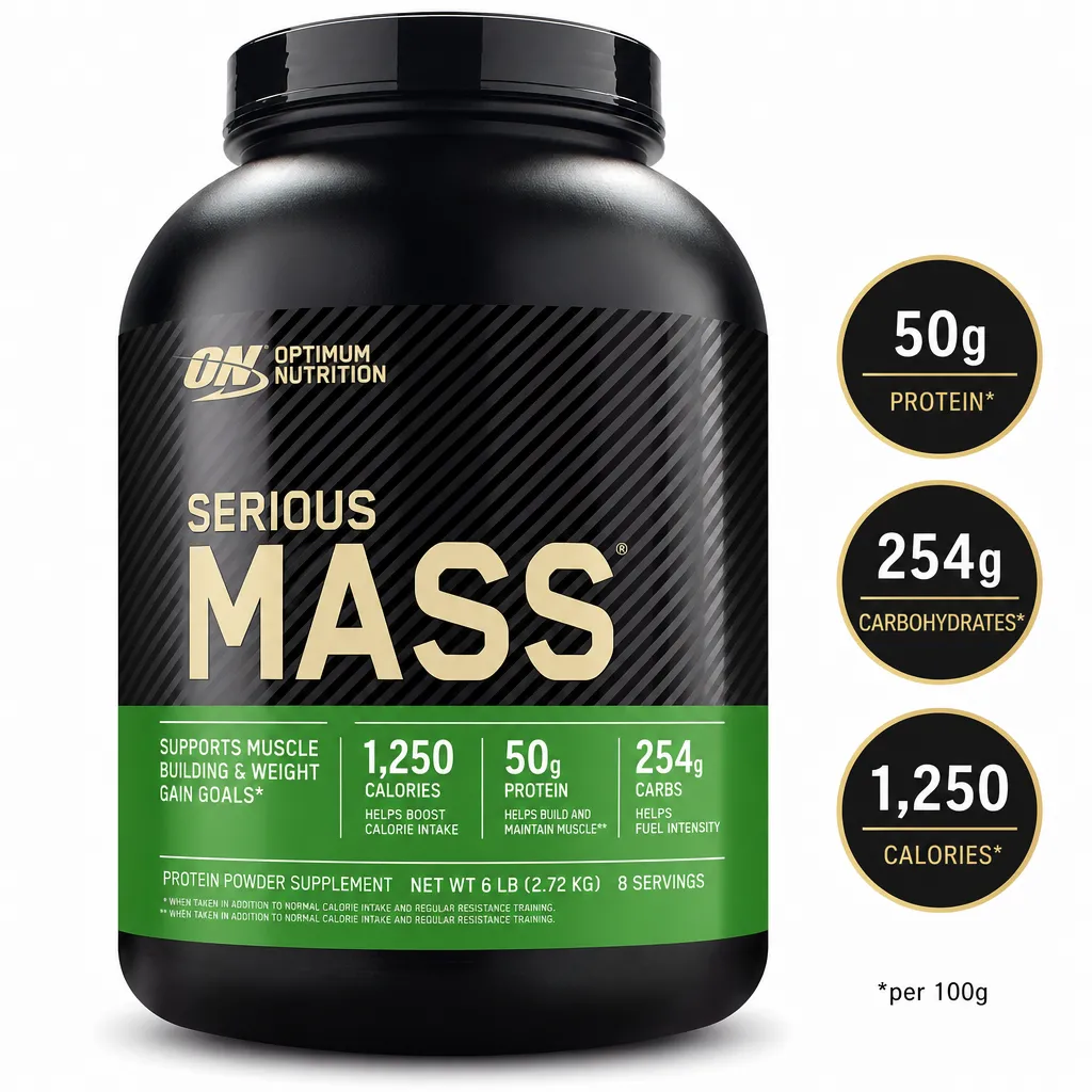 Optimum Nutrition Serious Mass 2730g mass gainer protein powder in a black tub with green label, 50g protein and 1,250 calories
