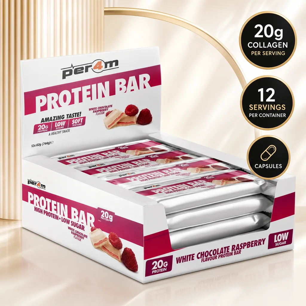 Per4m Protein Bar 62g x12 in white chocolate raspberry flavour, a 20g protein low-sugar snack bar multipack