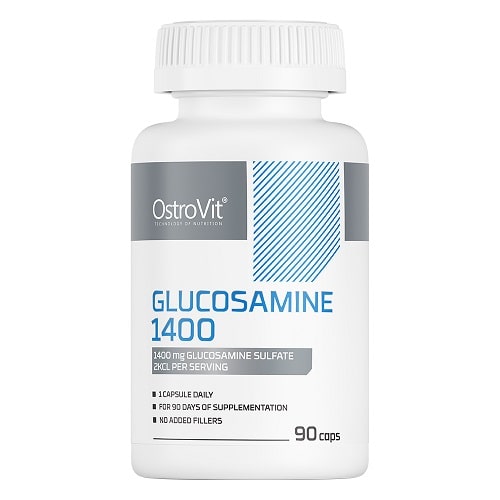 OstroVit Glucosamine 1400 90 caps dietary supplement with 1430 mg glucosamine sulfate per serving, white bottle with blue and grey label.