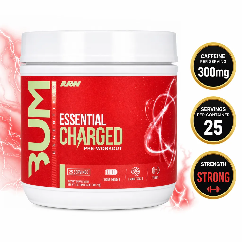 RAW Nutrition CBUM Essential Charged pre-workout supplement, red tub with 25 servings and 300mg caffeine per serving