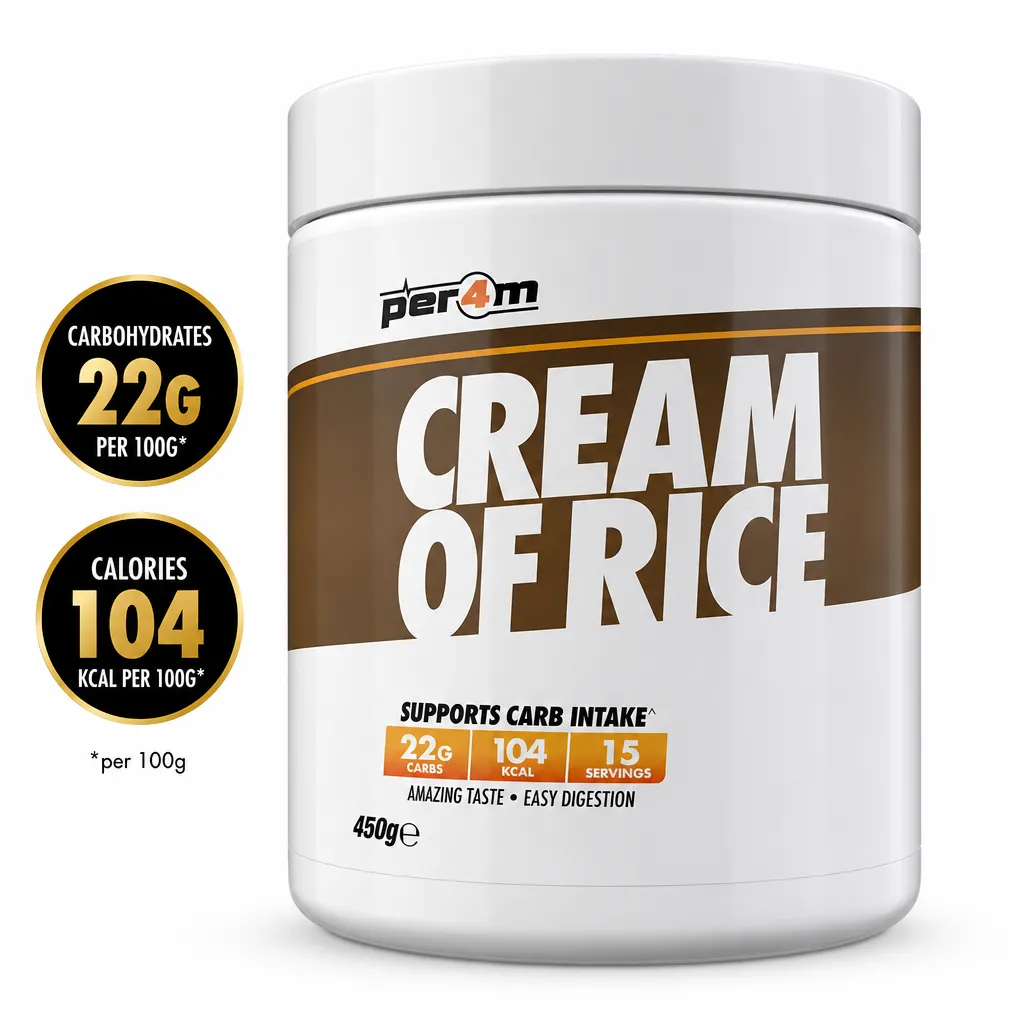 Per4m Cream of Rice 450g finely milled rice flour carbohydrate supplement in a white tub with a brown label