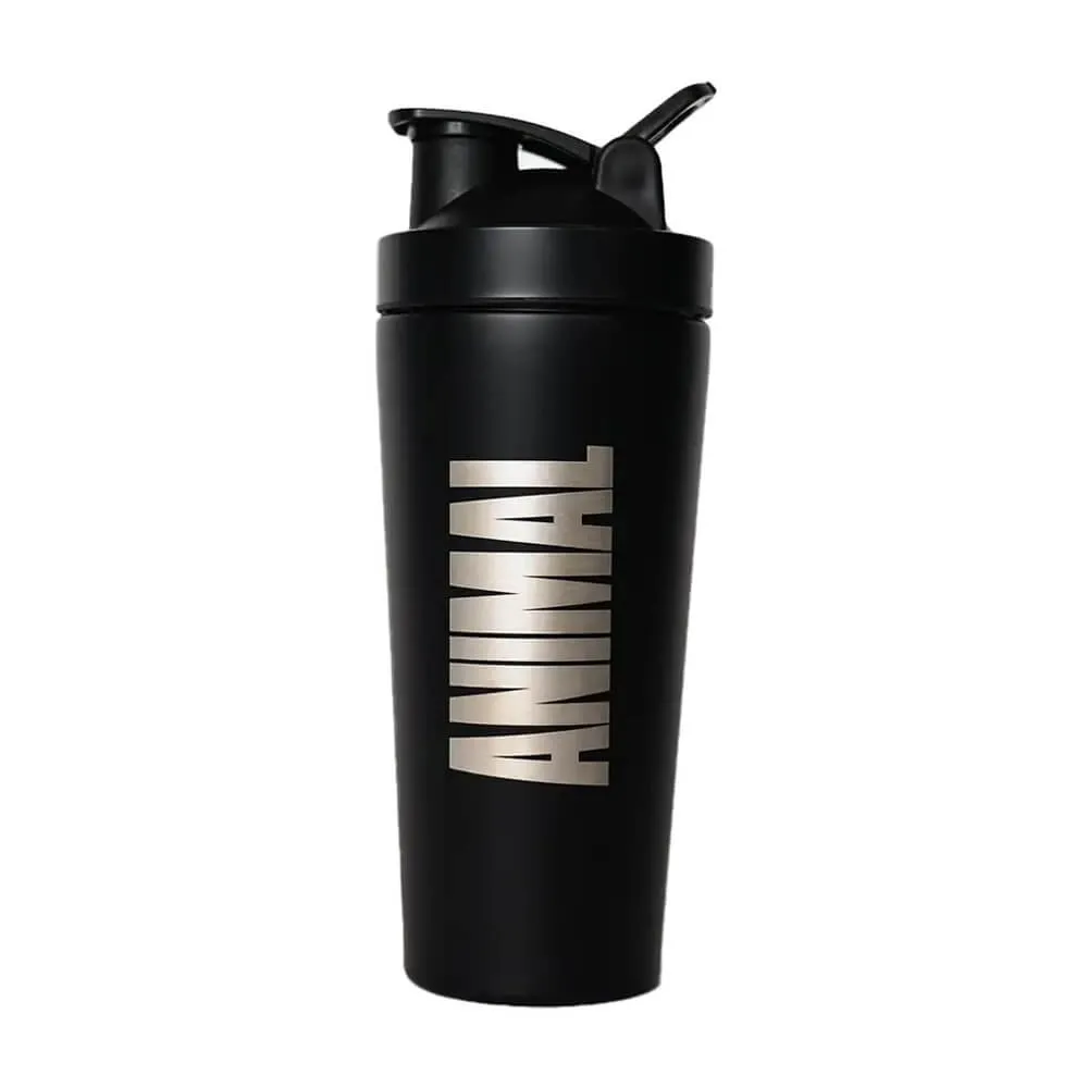 Universal Nutrition Animal Stainless Steel Shaker 739ml, a black, durable shaker bottle with a bold ANIMAL logo, leak-proof lid, and large capacity for fitness drinks.