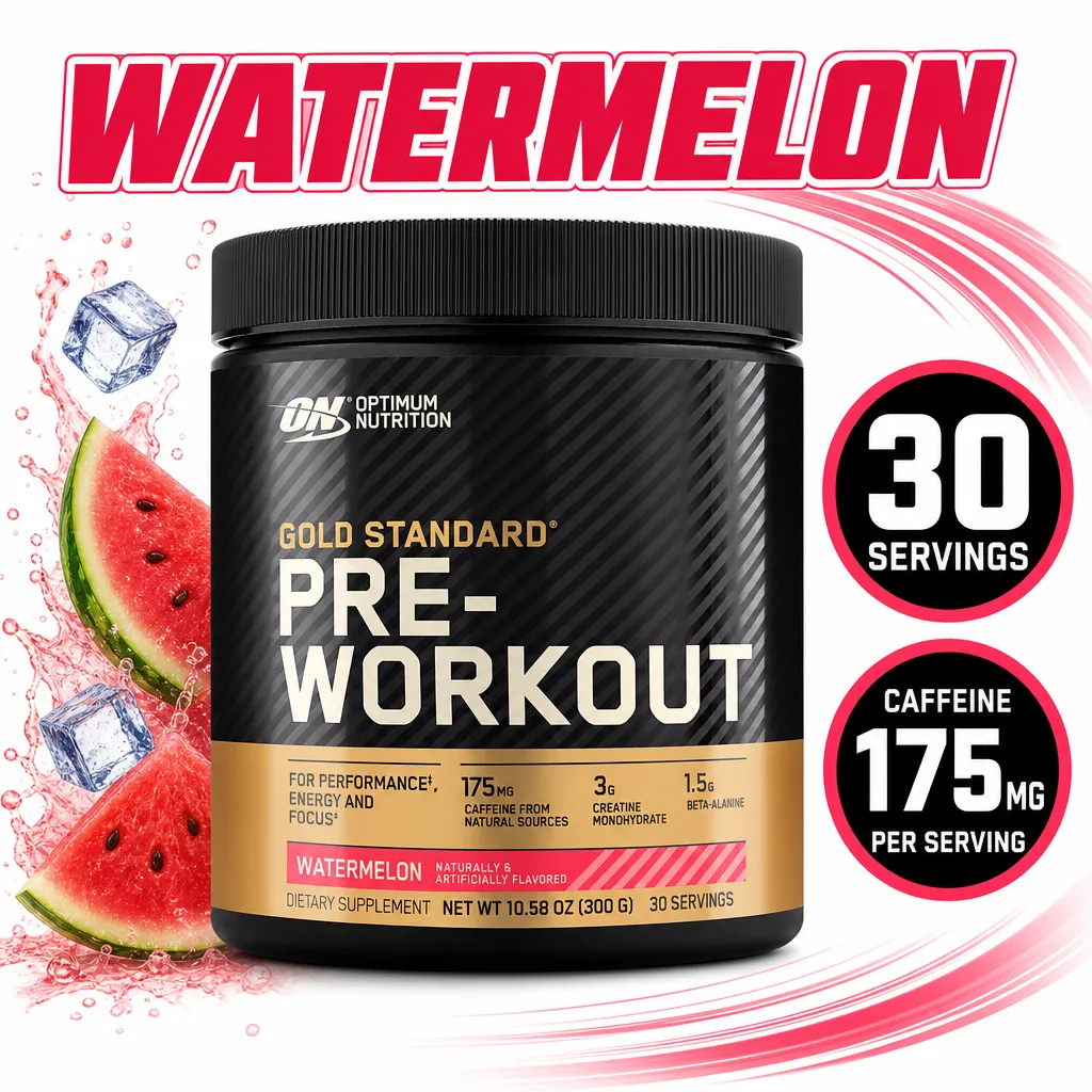 Optimum Nutrition Gold Standard Pre-Workout watermelon-flavoured powder supplement in a black tub with 30 servings