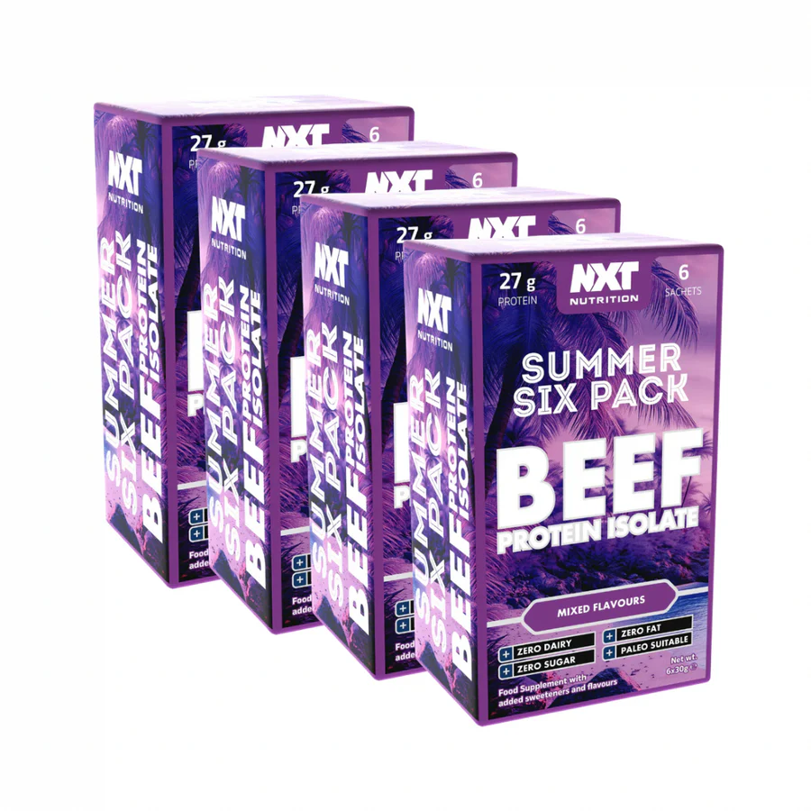 NXT Nutrition Beef Protein Isolate Summer Six Pack box with six assorted 30g sachets in mixed flavours.