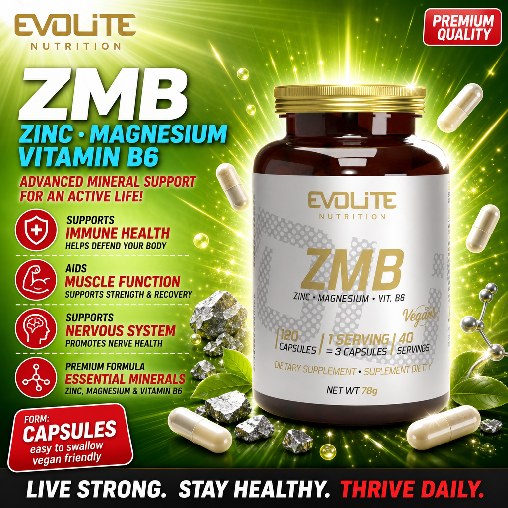 Evolite ZMB 120 capsules vegan dietary supplement with zinc, magnesium, and vitamin B6, designed to support immune health, muscle function, and nervous system. The packaging is predominantly green and gold.