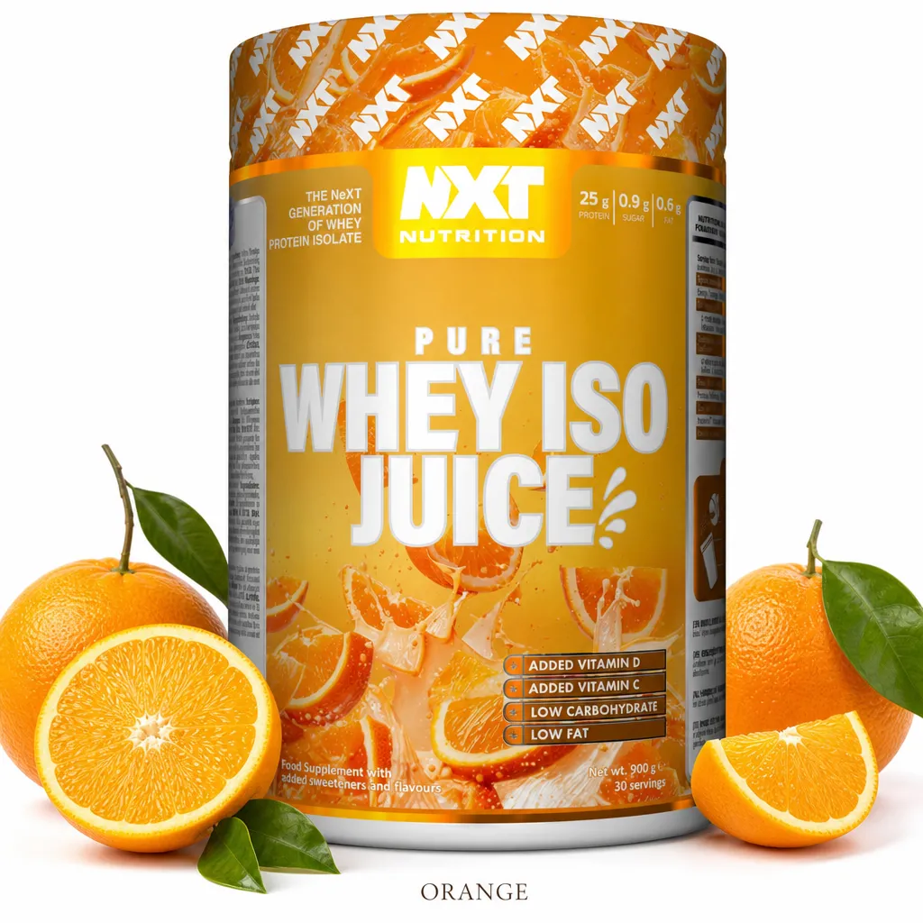 NXT Nutrition Pure Whey ISO Juice 900g Orange is a high-protein, low-fat whey isolate supplement with added vitamin C and D3, in a refreshing orange flavour.