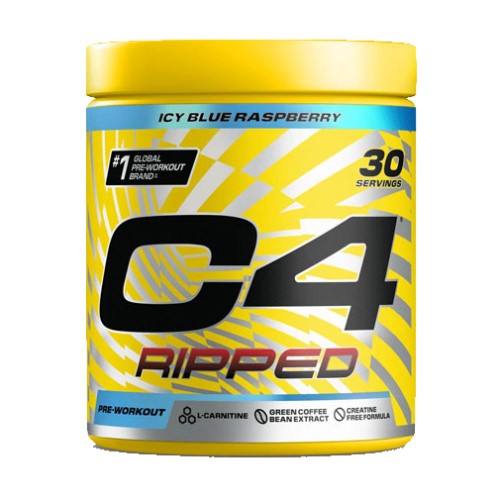 Cellucor C4 Ripped pre-workout supplement, Icy Blue Raspberry flavour, 30 servings, featuring L-carnitine, green coffee bean extract, and a creatine-free formula in a yellow and blue tub.