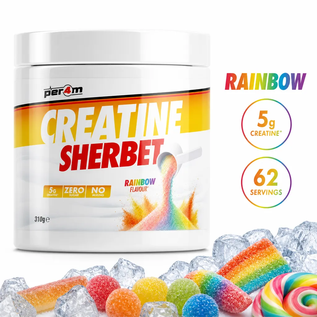 Per4m Sherbet Creatine 310g rainbow flavour creatine monohydrate powder in a white tub with a colourful sherbet design