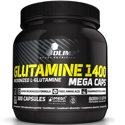 Olimp Glutamine 1400 Mega Caps 300 capsules, micronized L-glutamine amino acid supplement in a black container, designed for sports nutrition and muscle recovery.