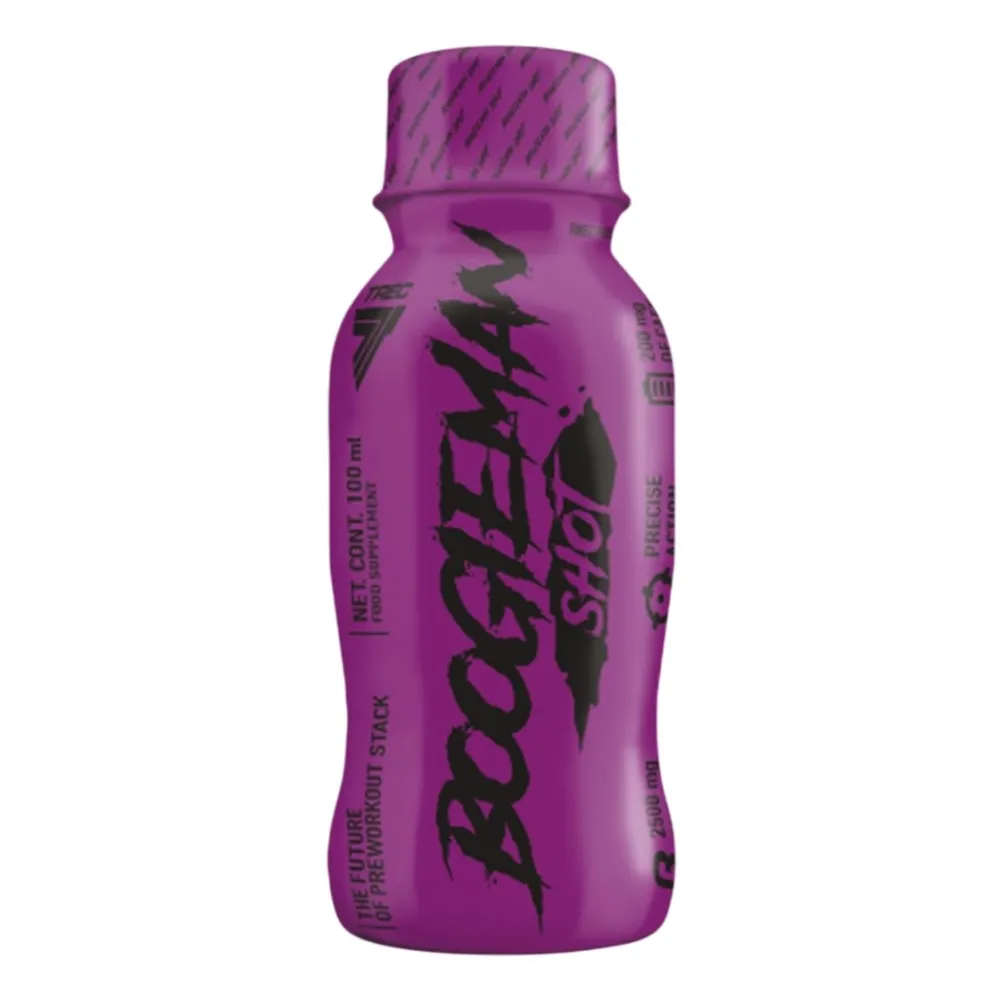 Trec Boogieman Shot 100ml forest fruits flavour pre-workout supplement in a purple bottle, designed for energy and performance enhancement.