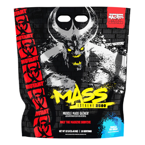 Mutant Mass Extreme 2500 5450g large black and red tub with bold Mutant branding and product details on label